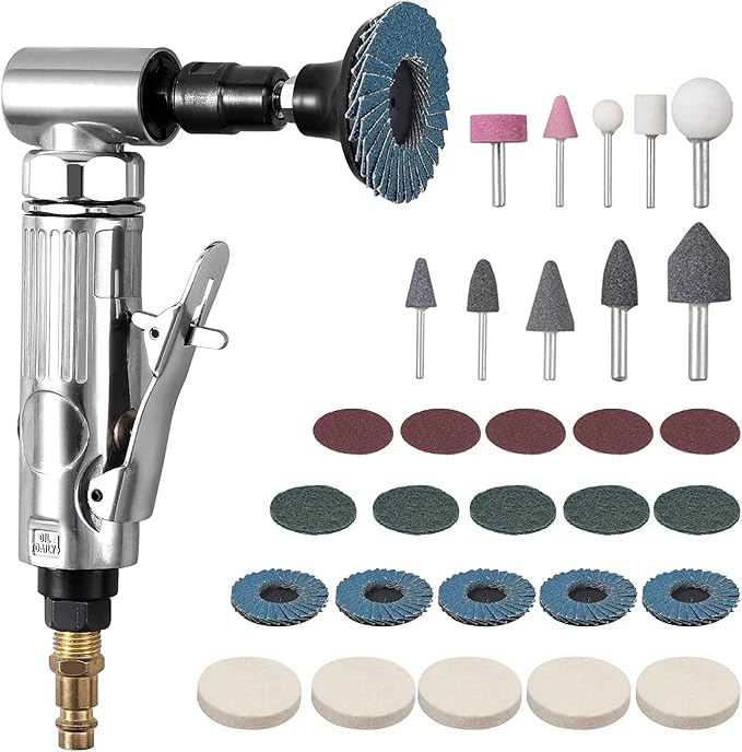 EYPINS Compressed Air Angle Die Grinder 1/4" 90 Degree Mini Sander Grinder Polisher Tool Set with Grinding Stones and Sanding Discs for Contour Grinding, Polishing, Milling