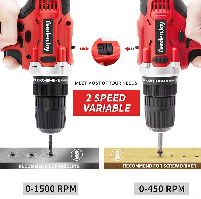 Cordless Power Drill Set: 21V Electric Drill Driver Kit with Battery and Fast Charger, 2 Variable Speed Control, 3/8-Inch Keyless Chuck and 24+1 Torque Setting with led light for metal surfaces,wood