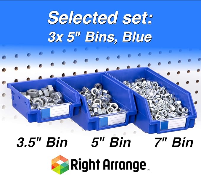 Pegboard Bins - 3 Pack Blue Large - Hooks to Any Peg Board - Organize Hardware, Accessories, Attachments, Workbench, Garage Storage, Craft Room, Tool Shed, Hobby Supplies, Small Parts