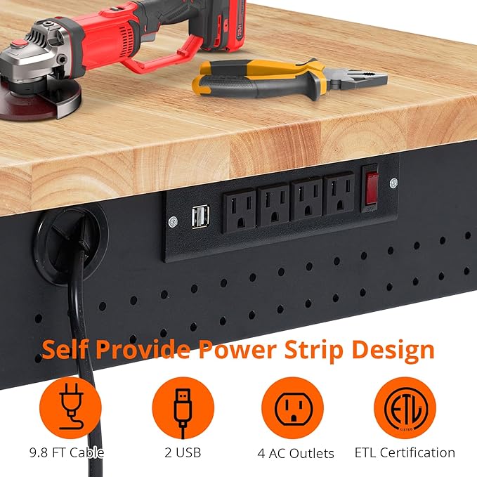 48" Adjustable Workbench, Heavy Duty Workstation with Drawer Storage, 2000LB Load Capacity, Rubber Wood Shop Table Workstation with Power Outlets & Rolling Wheels, Workbench for Workshop Garage