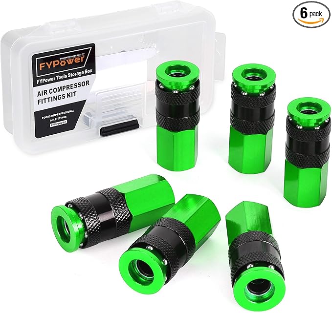 Air Hose Fittings, 6 Pieces AMT Universal Air Couplers with 1/4" NPT Female Threads, Green