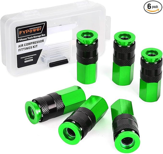 Air Hose Fittings, 6 Pieces AMT Universal Air Couplers with 1/4" NPT Female Threads, Green