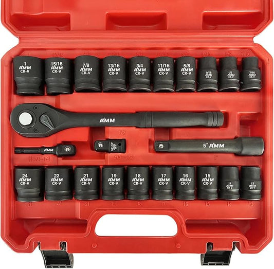 AMM 1/2" Drive Master Impact Socket Set, 24-Piece Shallow Standard SAE (7/16-Inch to 1-Inch) & Metric (13-24 mm) Sizes, Socket Assortment with Ratchet Handle | Cr-V Steel