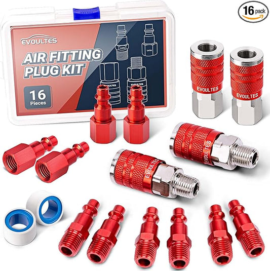 16 Pieces Universal 1/4" NPT Air Hose Fittings & Air Coupler Kit, Lightweight Aluminium Air Fittings Kit with Quick Connect Air Plug, Pneumatic Air Tool Fitting for Air Compressor Accessories