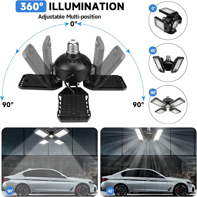 LED Garage Lights Bulb 2 Pack -120W, 12000LM 6500K Led Shop Light with 4+1 Deformable Panels, Basement Barn Light Garage Ceiling Lights, E26/E27 for Garage, Warehouse, Shop