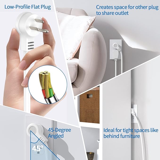 25 ft Extension Cord Flat Plug, NTONPOWER 8 Outlet Surge Protector Power Strip with USB Ports, 1080 Joules, 15A Circuit Breaker, Wall Mount for Home Office Workshop or Garage, ETL Listed, White