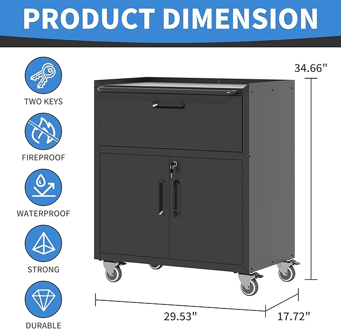 Metal Storage Cabinet with Wheels, Lockable Garage Storage Cabinet with 2 Doors and 1 Drawer, Rolling Tool Storage Cabinet, Assembly Required, Black