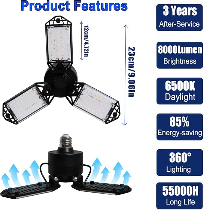 2Pack 80W LED Garage Light, 8000 Lumen Ceiling Lights with 3 Adjustable Panels, 6500K Daylight Light Bulb Fixture LED Lights for Garage, E26/E27 LED Shop Lights, Attic Workshop LED Bay Light