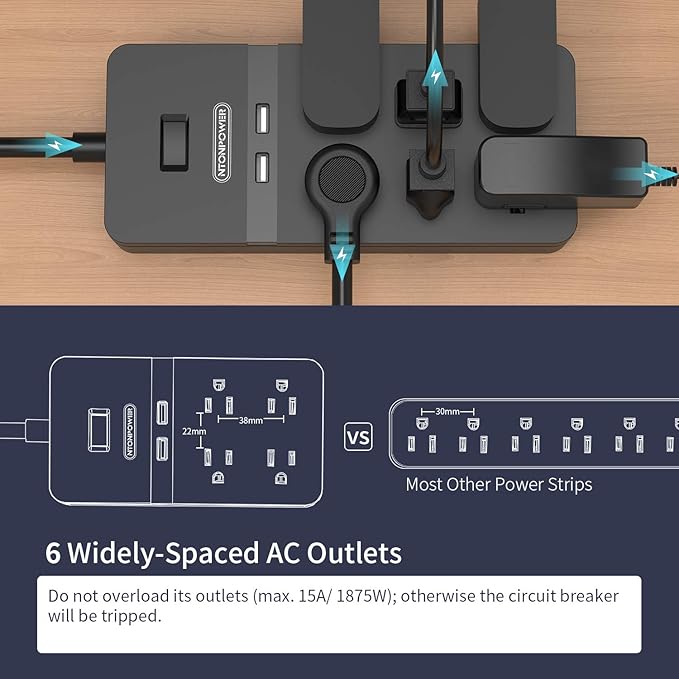 Long Extension Cord 15ft, NTONPOWER Flat Plug Power Strip Surge Protector with 6 Outlets 2 USB Ports, 1080 Joules, Wall Mount Charging Station, Overload Protection for Home Office, ETL Listed, Black
