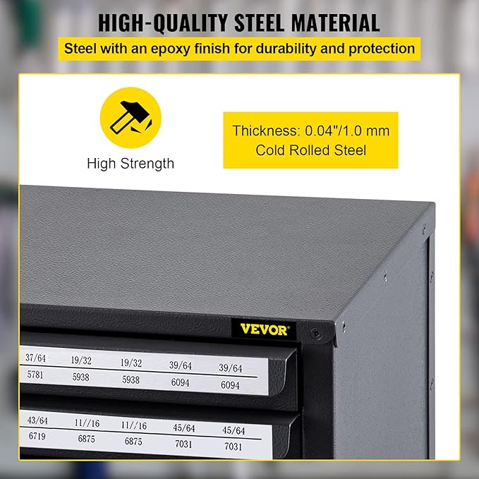 VEVOR Drill Bit Dispenser Cabinet, Five-Drawer Drill Bit Dispenser, 1/2" Reduced Shank Drill Bit Organizer Cabinet, Drill Dispenser Organizer Cabinet for Sizes 33/64" to 63/64" in 1/64" Increments
