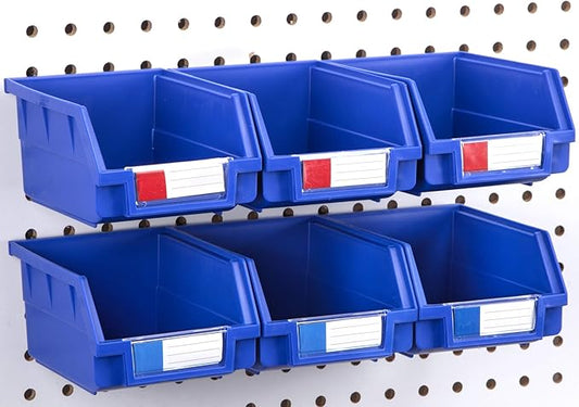Pegboard Bins - 6 Pack Blue Large - Hooks to Any Peg Board - Organize Hardware, Accessories, Attachments, Workbench, Garage Storage, Craft Room, Tool Shed, Hobby Supplies, Small Parts