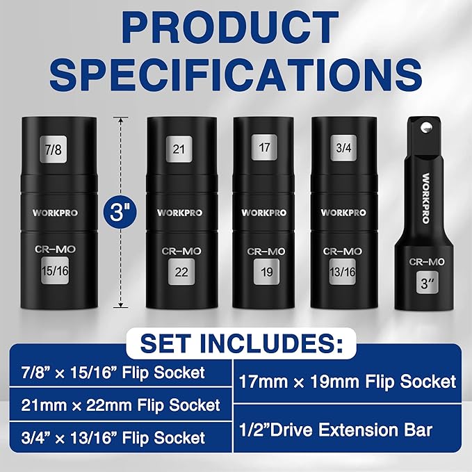 WORKPRO 5PCS Impact Socket Set 1/2" Drive, Lug Nut Socket Set, Wheel Socket Set Cr-Mo Steel, Includes 1PC 3" Extension Bar & 4PSC Flip Sockets of 6 Metric and SAE Sizes