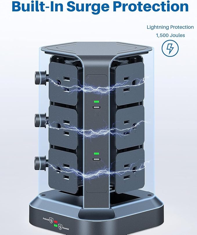 KOOSLA Power Strip Tower with 2 USB C, 1500J Surge Protector with 12 Outlets& 5 USB(1875W/15A), 16.4 ft Extension Cord with Multiple Outlets, Office Desk Supplies, Dorm Room Essentials, Gray