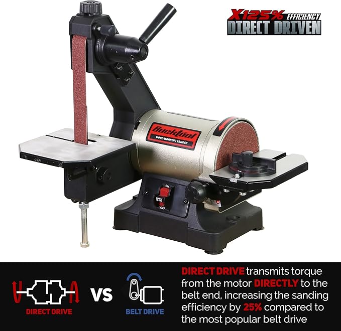 Bucktool 1x30 Inch Bench Belt Sander with 5 Inch Disc with Wrench Storage and Easy Belt Cover Off, 1/3HP Direct Drive Benchtop Belt Disc Sander