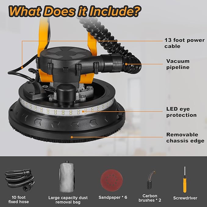 Drywall Sander, 880W Electric Drywall Sander with Vacuum Dust Collection, 6 Variable Speed 1000-2100RPM, Extendable Handle, Dustless Floor Sander with 14'' Power Cord for Popcorn Ceiling, Wood Floor