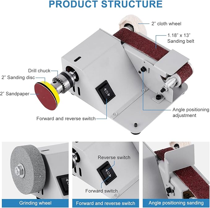 Mini Electric Belt Sander 1.18 x 13 inch Adjustable Angle Small Sanding Belt Machine 120W for Household Knife Sharpening, DIY Wood Crafts Metal Stone Plastic Grinding and Polishing