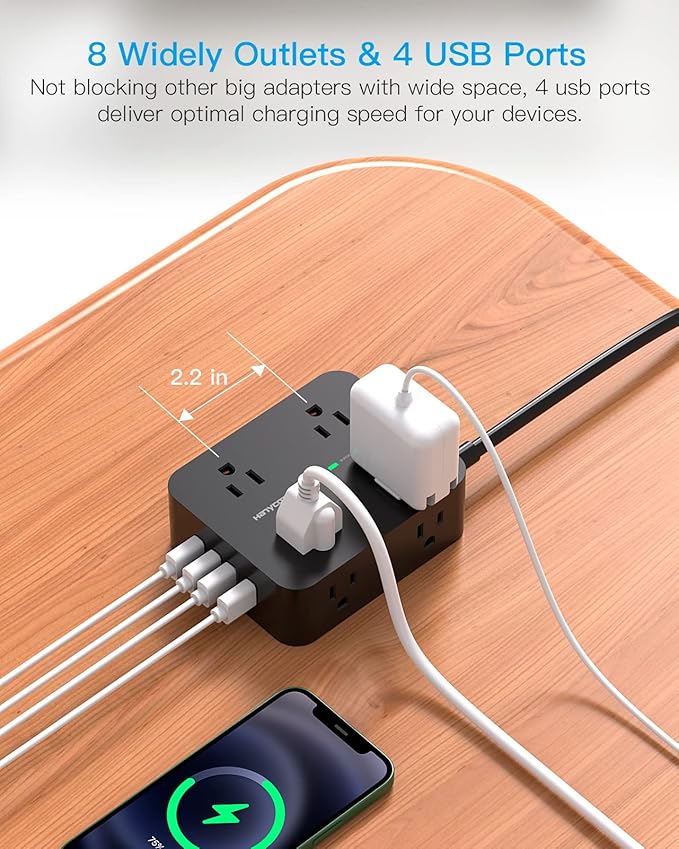 HANYCONY Power Strip Surge Protector, 5 Ft Exetnsion Cord with Multiple Outlets, Outlet Extender with 4 USB Ports, Flat Plug, Wall Mount for Home Office Dorm Room Essentials, ETI Listed, Black