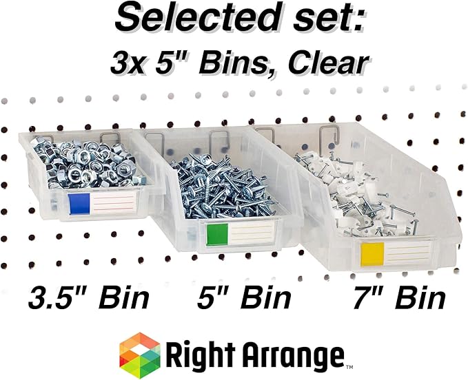 Pegboard Bins – 3 Pack Clear Large - Hooks to Any Peg Board - Organize Hardware, Accessories, Attachments, Workbench, Garage Storage, Craft Room, Tool Shed, Hobby Supplies, Small Parts