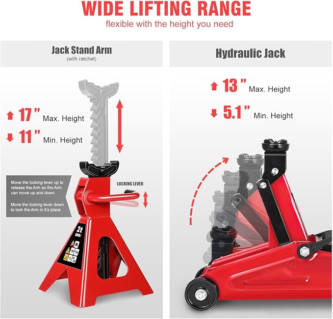 DNA MOTORING Low Profile Hydraulic Trolley Service/Floor Jack Combo with 2 Ratchet Jack Stands, 2 Ton (4000 lbs) Capacity,Red, TOOLS-00476-RD