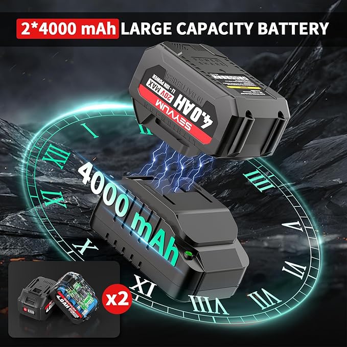 SEYVUM Cordless Impact Wrench, 1/2” Max Torque 440 Ft-lbs / 600 N.m Power Impact Gun, 20V 3000RPM Electric Impact Driver, 2 x 4.0Ah Battery, 5 Impact Sockets, 8 Dirlls & 6 Screws, Carry Bag Included