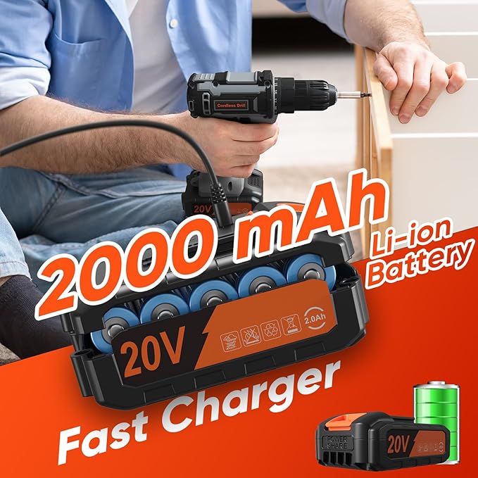 Cordless Drill Set, 20V Power Drill with Battery 2.0Ah and Charger, 3/8-Inch Keyless Chuck Electric Drill, 25+1 Torque, 42pcs Drill Driver Bits/Screws for DIY Projects (Gray)