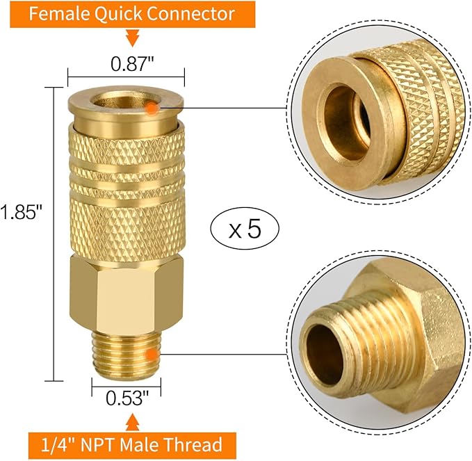 Air Coupler and Plug Kit, 5pcs Air Coupler and Plug Kit, 1/4 Inch NPT Industrial Brass Air Hose Fittings, Quick Connector Air Fittings for Automotive and Home (5pcs 1/4" NPT Coupler)