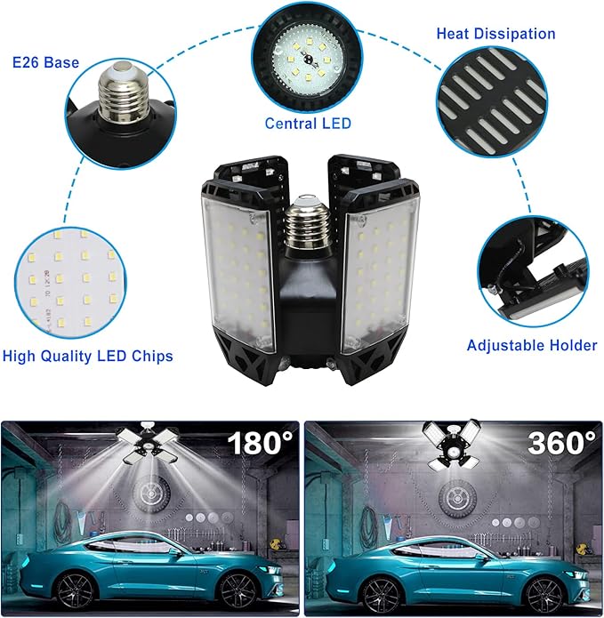 150W LED Garage Light, 15000 Lumen Garage LED Ceiling Lights with 4+1 Adjustable Panels, E26/E27 6500K Daylight LED Shop Light Bulb Fixture LED Lights for Garage, Workshop