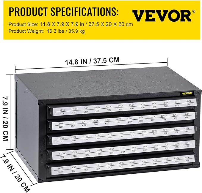VEVOR Drill Bit Dispenser Cabinet, Five-Drawer Drill Bit Dispenser, 1/2" Reduced Shank Drill Bit Organizer Cabinet, Drill Dispenser Organizer Cabinet for Sizes 33/64" to 63/64" in 1/64" Increments
