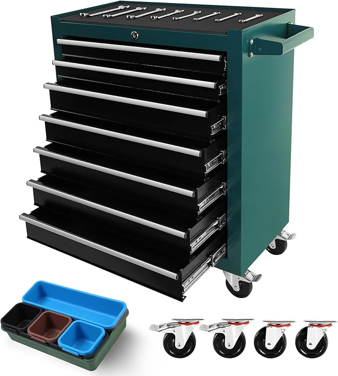 7 Drawer Metal Tool Chest 30 inch,Tool Cart On Wheels with Wheels,Mechanic Tool Cart with Lock and Toolboxes Trays for Garage Tool Storage Cabinet,Green