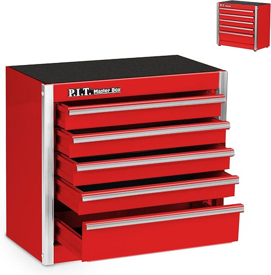 P.I.T. Mini Red Tool Box, Portable 5-Drawer Micro Roll Cab Steel Stackable Tool Box with Liner, Red Small Tool Case for Tools Storage and Organizers, Home DIY