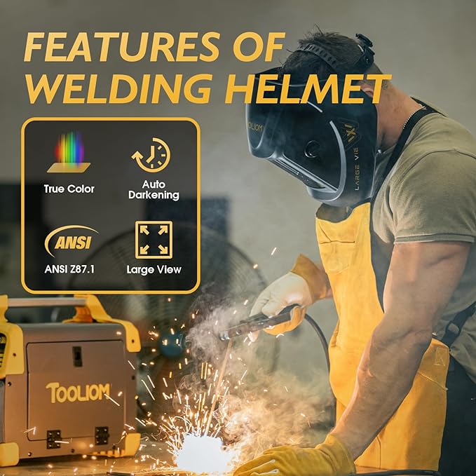 TOOLIOM Large Viewing Welding Helmet True Color Auto Darkening 1/1/1/1 3.94"x 3.27" Welding Mask with Weld/Grind/Cut Mode for TIG MIG Stick