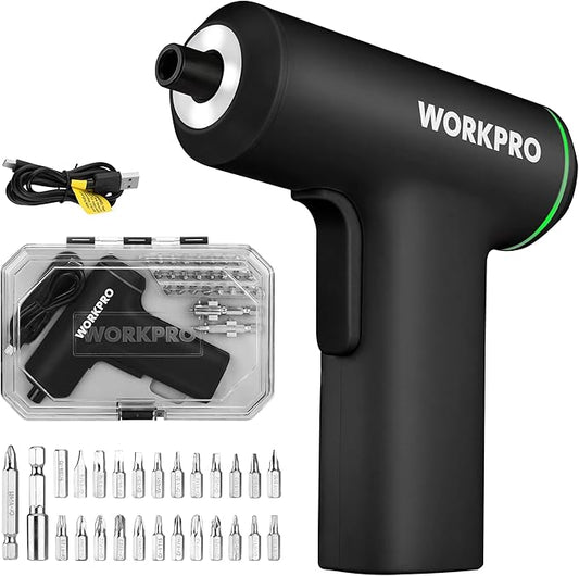WORKPRO Electric Cordless Screwdriver Set, 4V USB Rechargeable Lithium-ion Battery Power Screwdriver Kit with LED Light, Screw Gun with 28pcs Accessories for Home, Office, Apartment Repair