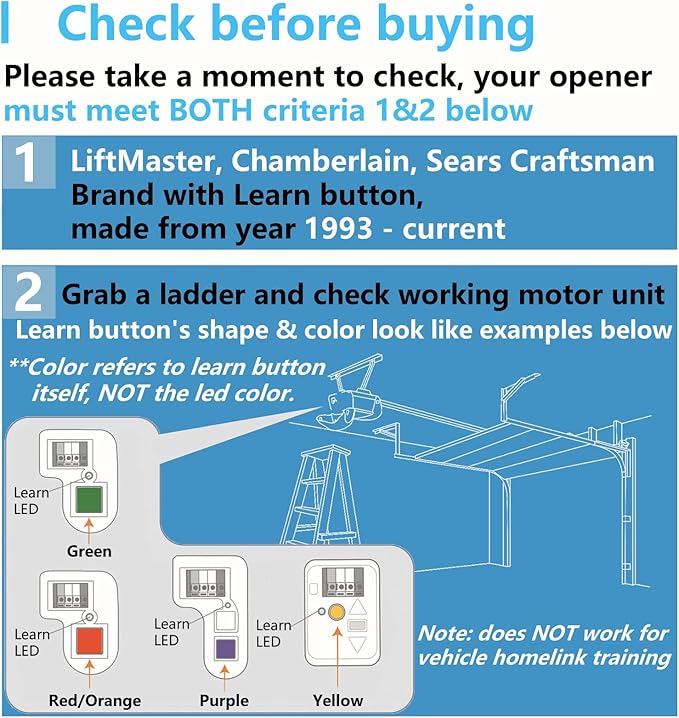 Garage Door Opener Remote, Compatible with Liftmaster Chamberlain Craftsman Opener with Purple Yellow Red Orange Green Learn Button, Universal for 893MAX 893LM 891LM 890MAX, Keychain Type