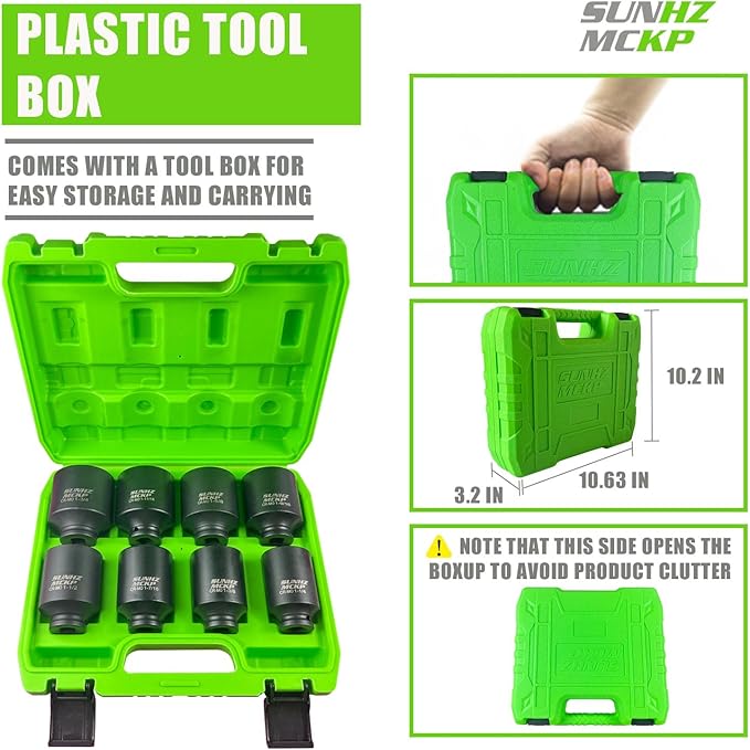 SUNKPMCKP 1/2" Drive Deep 6-Point Impact Socket Set, 8-Piece Standard SAE Spindle Axle Nut Impact Socket Set, Cr-Mo, 1-1/4-Inch to 1-3/4-Inch Size