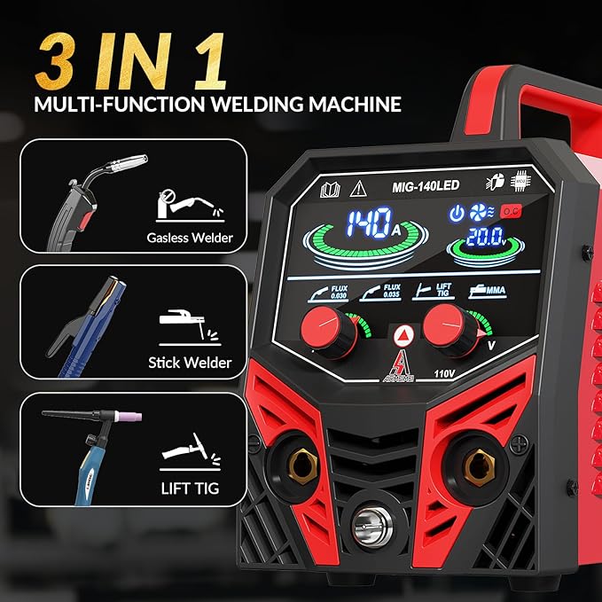 MIG Welder 110V,Gasless Flux Core Welder,Plug And Play,Easy Safety To Operate For Beginners DIY,Synergic Mode Better welding with 3 in1MIG/Stick/Lift TIG,IGBT Inverter 140A