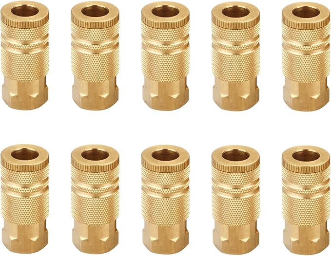 1/4-Inch Brass Female Industrial Coupler, 10 Pack 1/4 Inch Air Hose Fittings NPT Female Quick Connector Air Coupler for Professional Jobsites and Automotive Shops