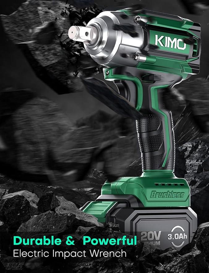 KIMO Impact Wrench 1/2 Cordless,550N.m/406ft-lbs Max Torque & 3000RPM, 2x20V 3.0Ah Battery, Impact Gun with 7 Drive Impact Sockets, 3 Inch Extension Bar, 1 Hour Fast Charger Impact Drill for Car Tires
