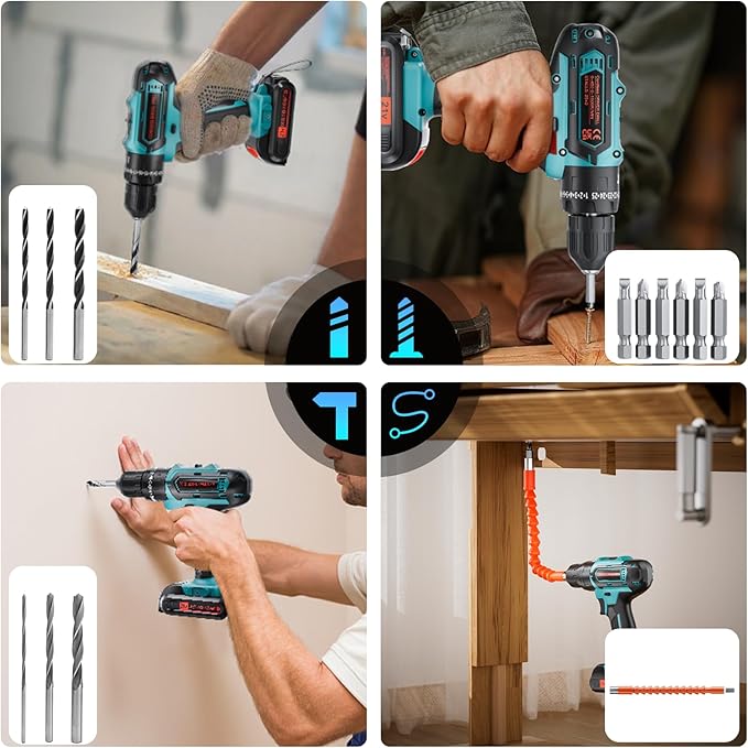 21V Cordless Drill with 2-Battery and Charger, Electric drill Set, Power Drill Cordless with 3/8 Inch Keyless Chuck, 25+ 3 Clutch,Work Light, Max torque 45Nm, 2-Variable Speed