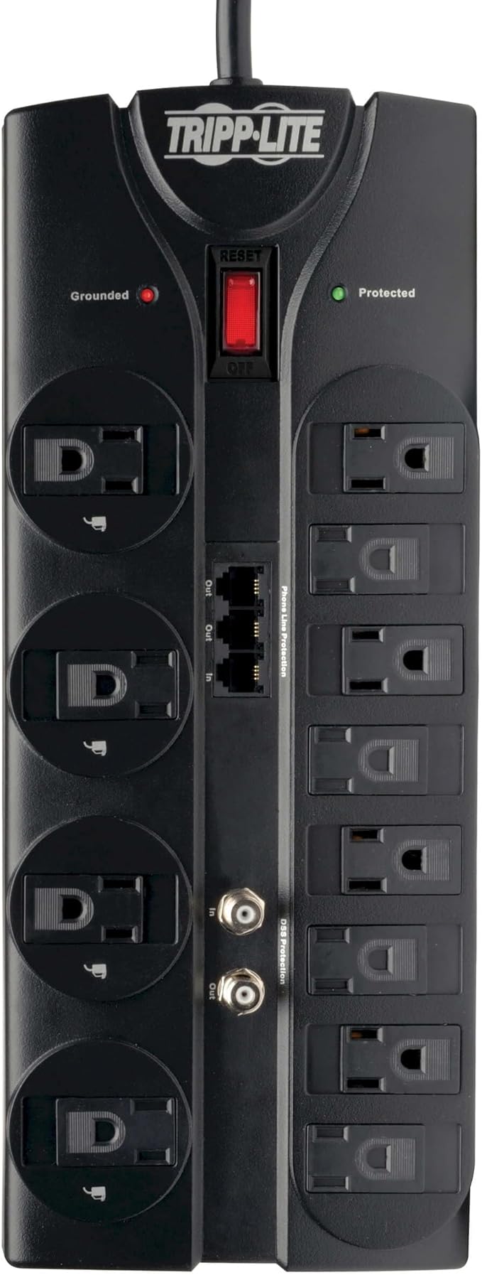 Tripp Lite TLP1208TELTV 12 Outlet Surge Protector Power Strip, 8ft Cord, Right-Angle Plug, Tel/Modem/Coax Protection, RJ11, & Dollar 150,000 Insurance Black