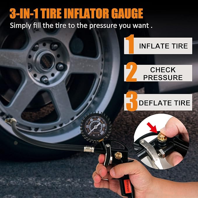 22 Pieces Air Compressor Accessories kit, 3/8 inch x 25 ft Hybrid Air Compressor Hose Kit, 1/4" NPT Quick Connect Air Fittings, Tire Inflator Gauge, Heavy Duty Blow Gun, Swivel Plugs