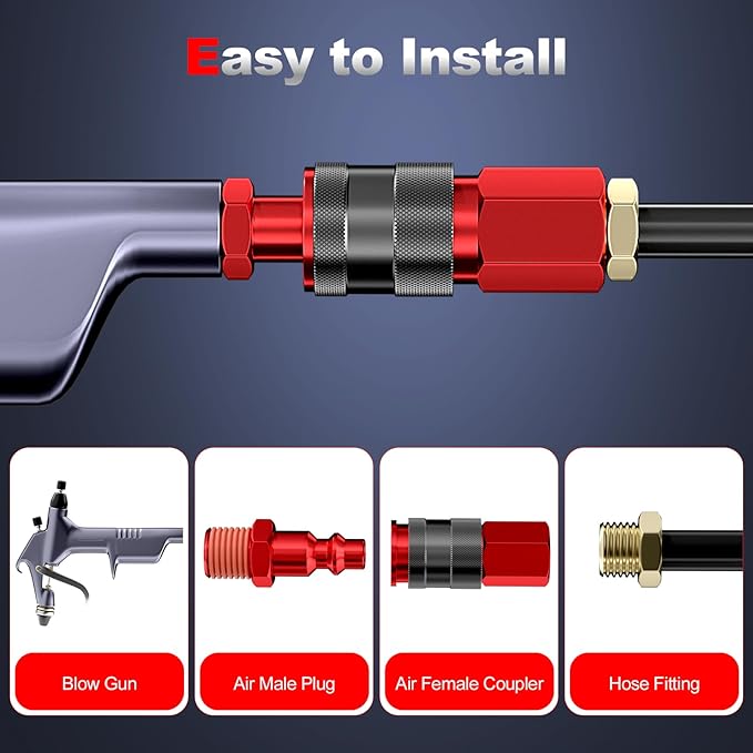 Universal Air Hose Fittings, 1/4 Inch NPT Quick Connect Air Coupler and Plug Kit, Aluminum Air Compressor Fitting Set, Industrial Pneumatic Air Tool Adapter Accessories - 14 Pieces Red