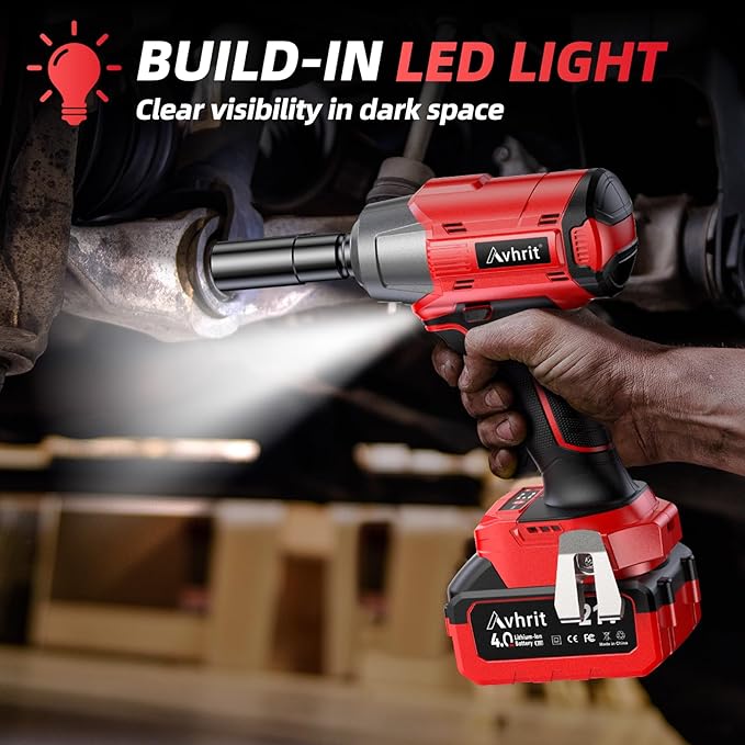 Cordless Impact Wrench, 480Ft-lbs (650N.m) 1/2 Inch Impact Gun Brushless, 3300RPM Electric Impact Wrench, 2x 4.0Ah Batteries, 4 Sockets, Charger, Power Impact Driver for Car Home