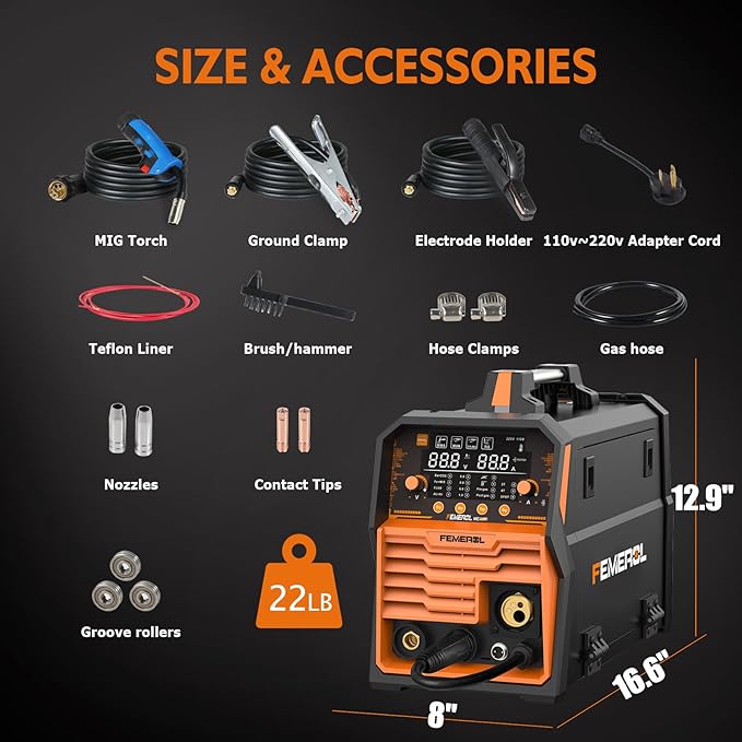 250A MIG Welder,6 in 1 Gas MIG/Gasless Flux Core/Stick/Lift TIG/Spot Welding/Spool Gun Compatible Aluminum Welding Machine Large LED Display 110V/220V Multi Process Welder