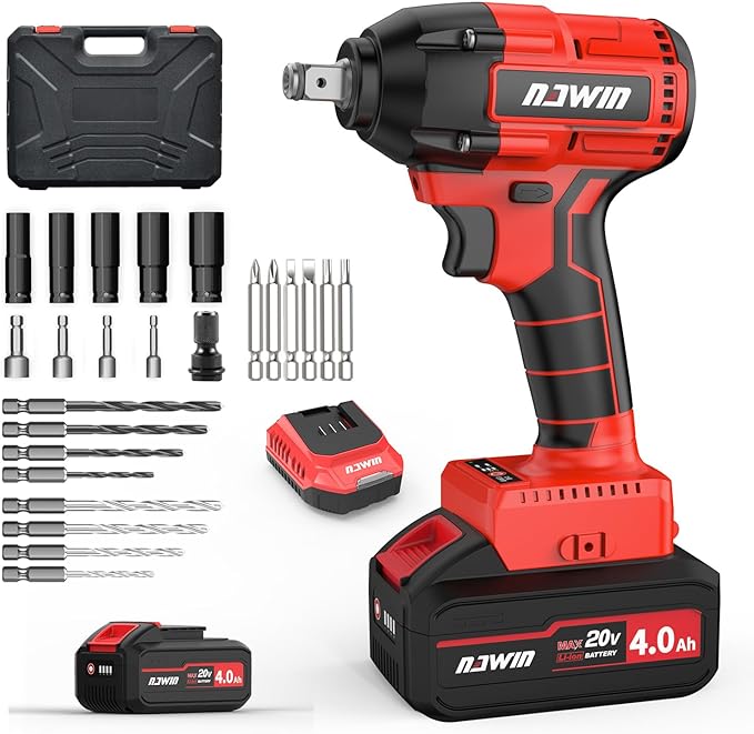 NAWIN Cordless Impact Wrench,Multi-Speed Adjustment Cordless Electric Impact Wrench with Led Light, 240 Ft& 320N Power. Impact Socket Set 1/2 Drive,20V Impact Wrench With 4.0Ah Battery, Fast Charger