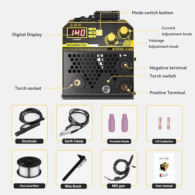 Mig welder, MYYWELD 140 MIG/Stick/Lift TIG 3 in 1 Welder 110V Gasless Flux Core Wire Welding Machine No Gas IGBT Inverter (MWM140)