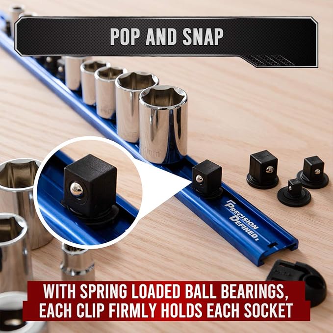 Precision Defined Aluminum Tool Socket Holder | Blue, Single 1/2-Inch Socket Organizer x 14 Clips | Heavy Duty Socket Rails Organizer, Socket Storage, Socket Tray 360 Rotation