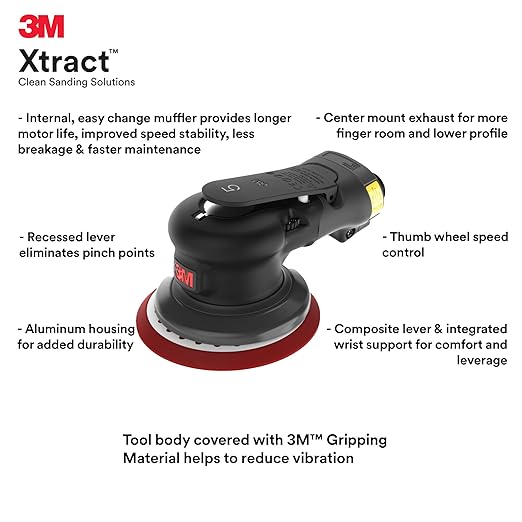 3M Pneumatic Random Orbital Sander, 88952, 6 in, Non-Vacuum, 3/8 in Orbit, Lightweight and Comfortable, 12000 RPM, .28 HP (209W) Motor, Variable Speed