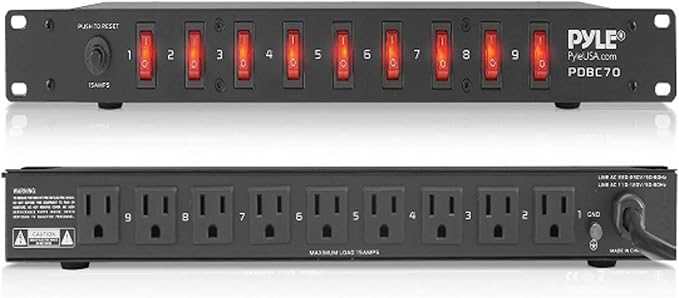 Pyle 15 Amp Power Supply Control Unit, 9 Outlets, Rack Mountable Heavy Duty Power Strip with AC Noise Filter - Power Saving Power Supply for Equipment Control - 1U Steel Chassis, 6ft Cord