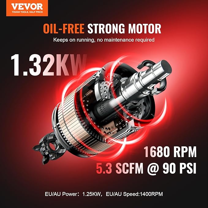 VEVOR Air Compressor, 15 Gallon Steel Tank, 2HP 5.3 CFM@90 PSI Oil Free Air Compressor & Max. 125PSI Pressure, 78dB Ultra Quiet Portable Compressor, for Auto Repair, Tire Inflation, Spray Painting