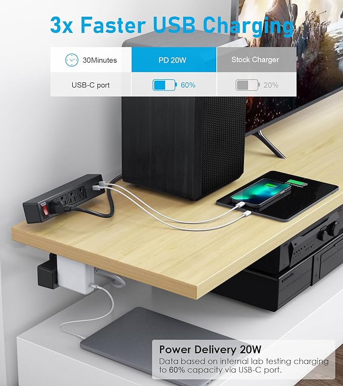 Desk Clamp Power Strip with PD20W USB-C, VILONG 2 in 1 Dual Layer Under Desk Power Strip, Removable Clamp Power Socket with 10AC Outlets & Switch, 6ft Extension Cord
